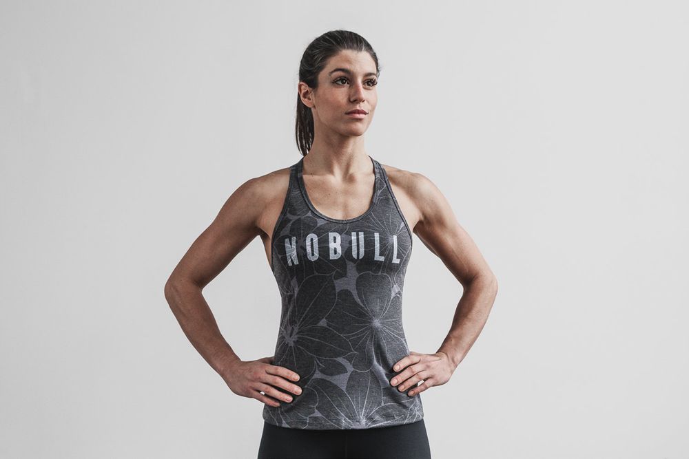 NOBULL Women's Racerback Tank Tops - Charcoal Hibiscus - Ireland (3152IWMRG)